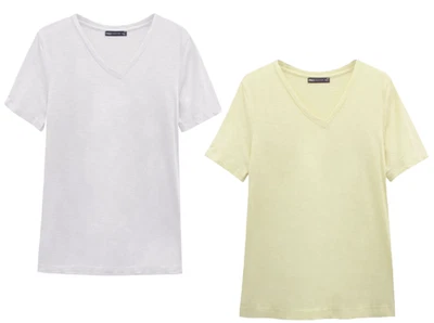 Ex M&S Women's Cotton V-Neck Straight Fit Slub Short Sleeve T-Shirt UK 6-24