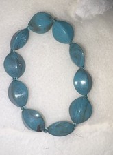 VTG Blue Faux Turquoise Marquise Bead Stretch Kids Bracelet Marbled Boho Style