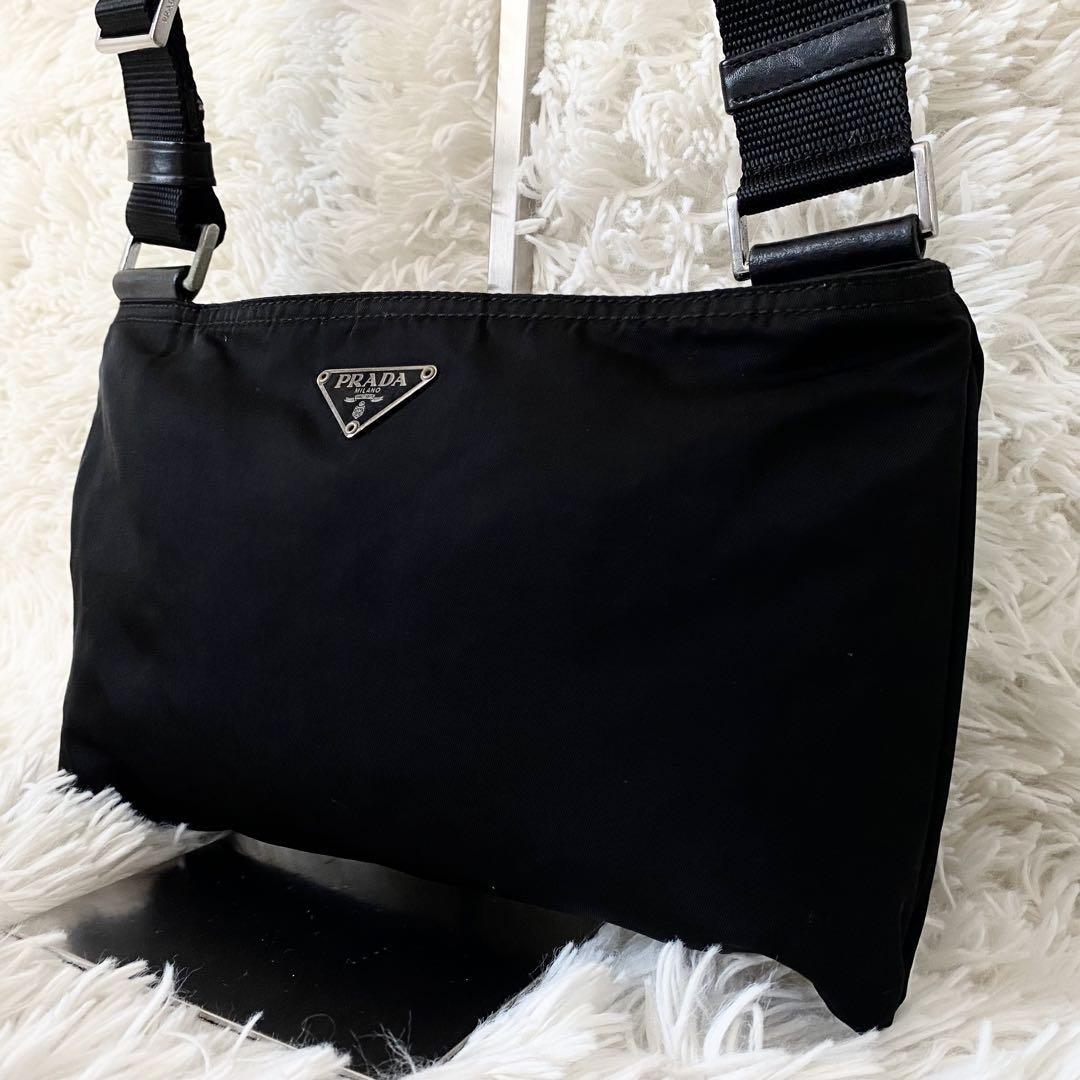 PRADA One Shoulder Nylon Bag with Triangle Logo in Black White Excellent Condition