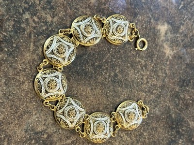 VTG Spain  Damascene Medallion Panel Bracelet Size 7  Gold Tone Marked Spain