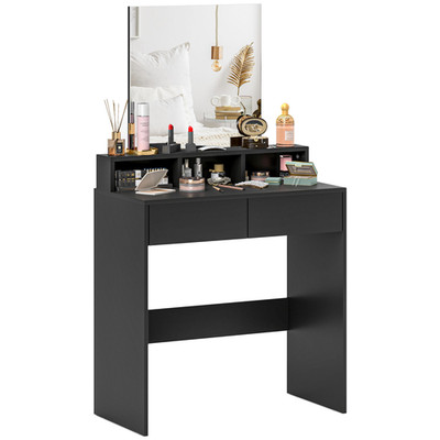Schminktisch Schminktisch schwarz 75x38x135cm Spanplatte Spiegel 50x49cm Schubladen Pro
