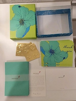 Papyrus Blank Thank You Cards Envelopes Gold Stickers 16 Pack Set Blue Flower