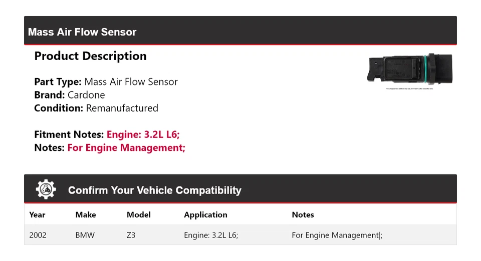 Sensor de flujo de aire de masa Cardone para BMW Z3 2002 3,2 L L6 Foto 2 de 4