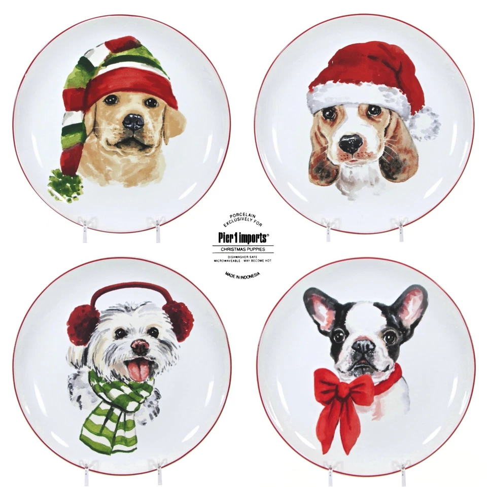 Pier 1 Imports CHRISTMAS PUPPIES 8" Salat Dessert Teller Set 4 Weihnachten Mint