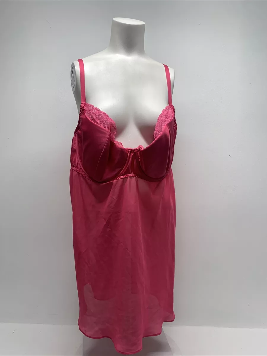 Cacique Babydoll Satin Nightgown PJ Dress Hot Pink Built in Bra