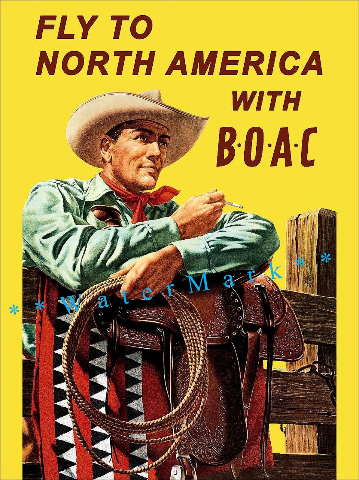 Fly To North America British Air 1950 Vintage Poster Print Western Cowboy Art