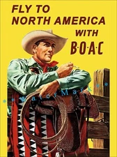Fly To North America British Air 1950 Vintage Poster Print Western Cowboy Art 