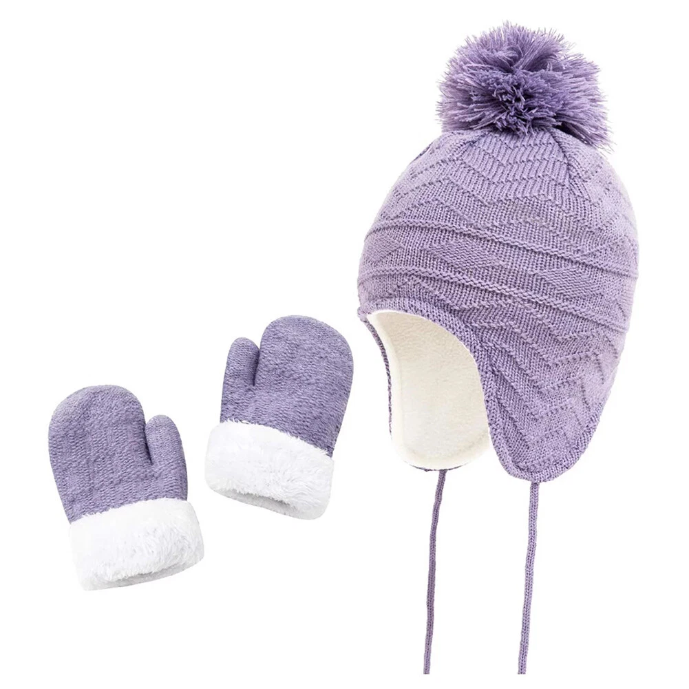 Toddler Hat Gloves Set Beanie Purple Fleece Boy Girl Outdoor