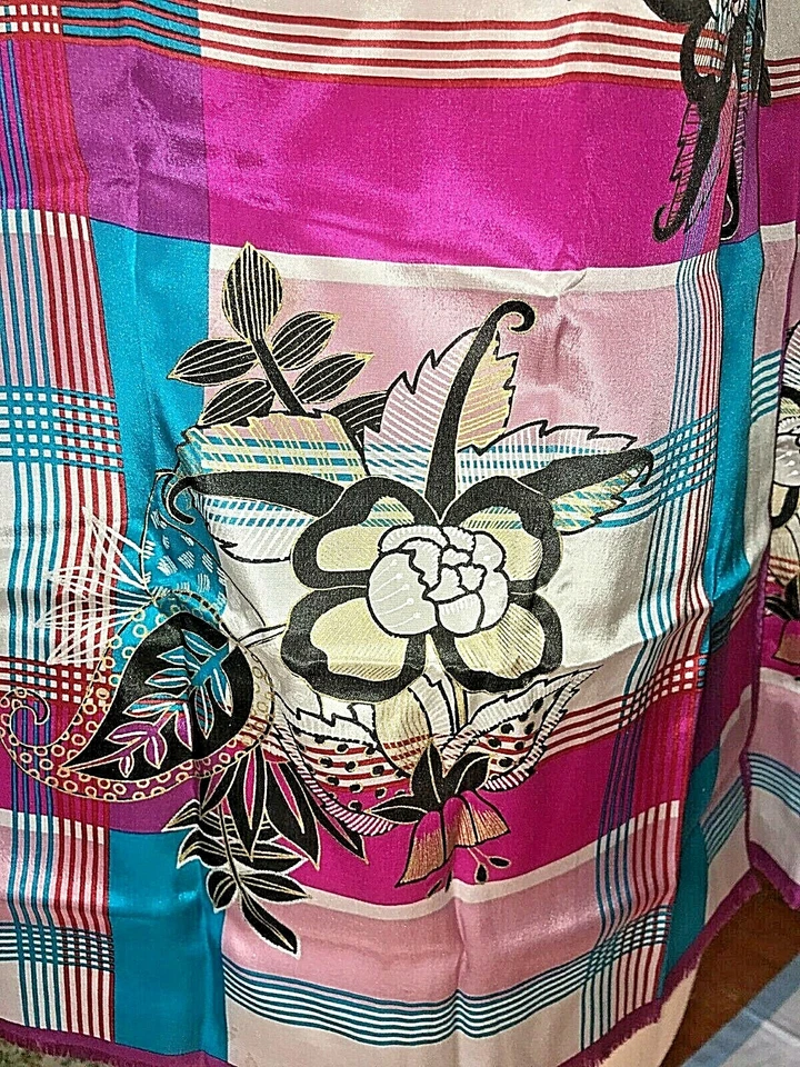 Oscar de la Renta Bufanda Larga de Seda Cuadros Floral Años 80 Magenta Verde azulado Negro COMO NUEVO   Foto 3 de 4