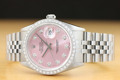 MENS ROLEX DATEJUST 16014 PINK DIAMOND 18K WHITE GOLD STAINLESS