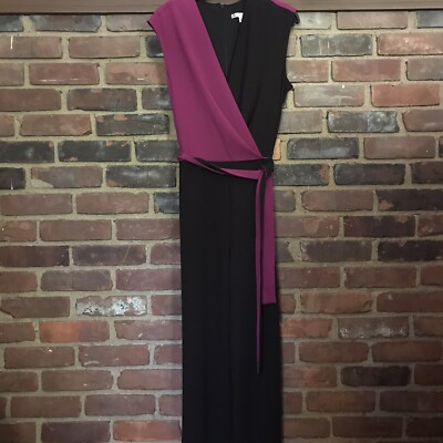 Sandra Darren Belted Purple Black Jumpsuit V Neck Sz 12 Large