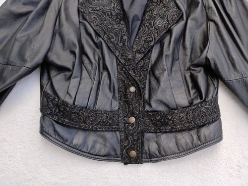 Women's G-III Vintage 80s Leather Jacket Size Large Black Embossed Paisley Moto - Picture 5 of 13