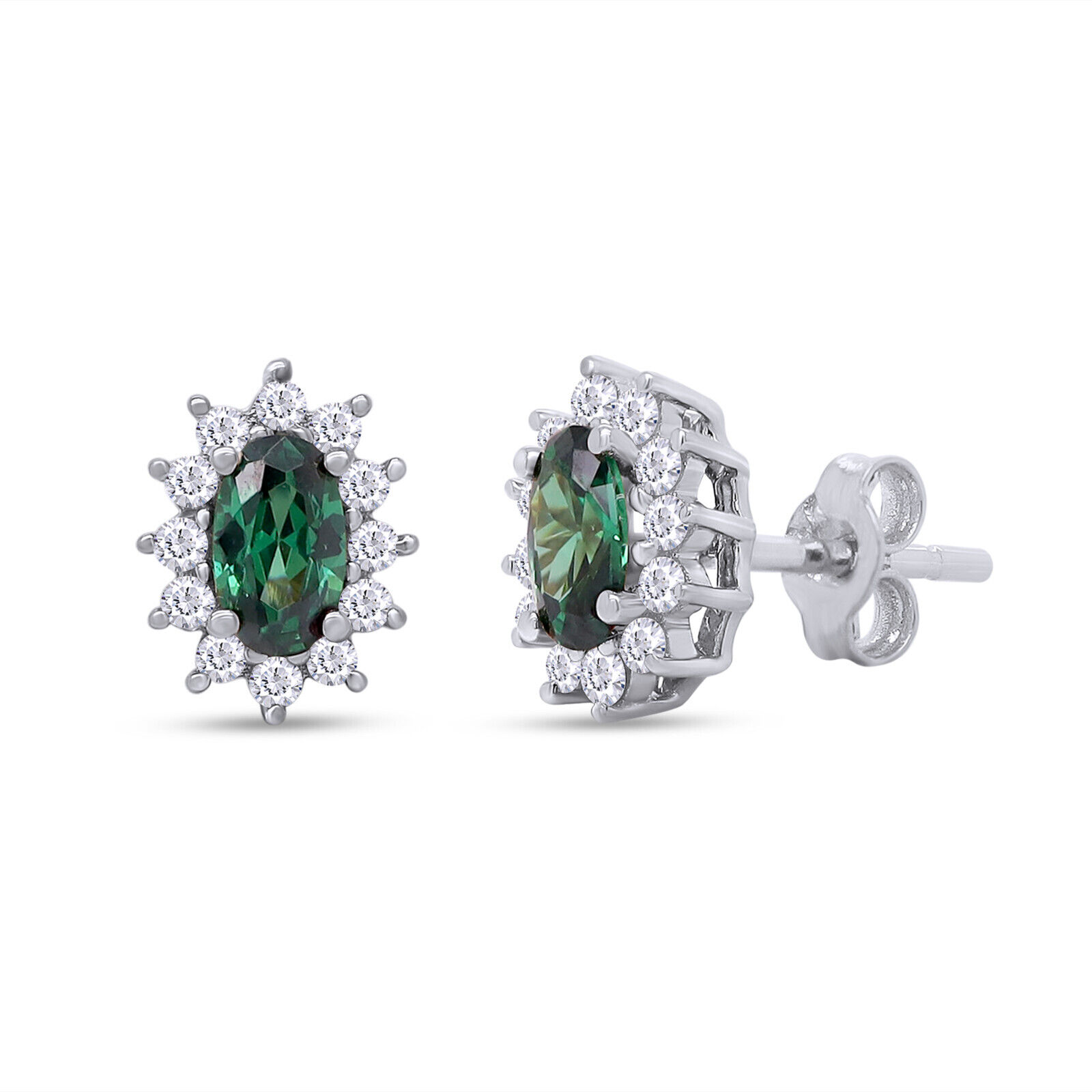 Halo Stud Earrings with Simulated Emerald & Natural Diamond in 10k Solid Gold-image