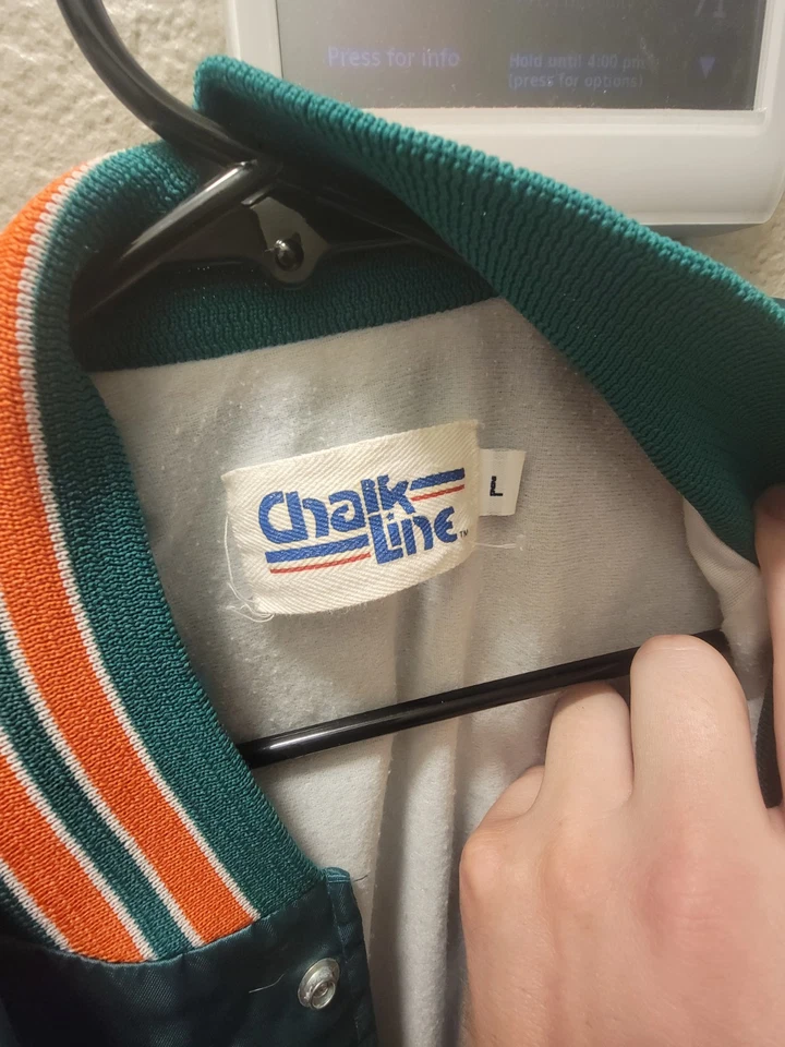 Chaqueta de Colección Años 80 Chalk Line Miami Dolphins Para Hombres Grande Verde Satinado Bombardero Fútbol Foto 4 de 4