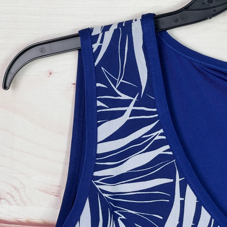 Top de mujer marca Slinky L azul con estampado de palma fronda sin mangas de gasa túnica en capas cuello en V Foto 3 de 4
