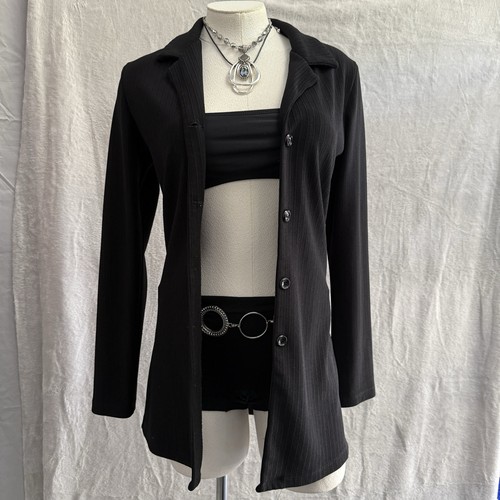 Vintage Y2K FOREVER 21 Long Jacke Damen M schwarz 90s Grunge Goth Whimsigoth