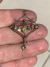 9ct Gold Peridot Seed Pearl Pendant, 1890s Victorian Art Nouveau 9k 375