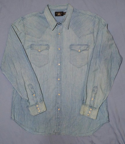 Vtg RRL Ralph Lauren Cotton Concho & Snap Boot Stitch Indigo Denim Shirt XXL - Picture 1 of 9