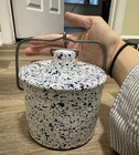 Vintage Blue White Speckled Ceramic Cheese Crock Canister Metal Bail Closure  — photo 3