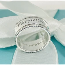 Tiffany & Co. Script Notes Band Ring Size 8 Sterling Silver Beaded Milgrain Edge