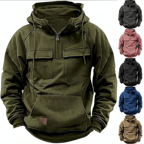Mens Cargo Combat Hoodie Long Sleeve Half Zip Sport Army Tactical Sweatshirt Top - Picture 6 of 24