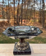 Vtg Hollywood Regency Smoky Gray Pedestal Ashtray Marble & Glass Smoking Stand