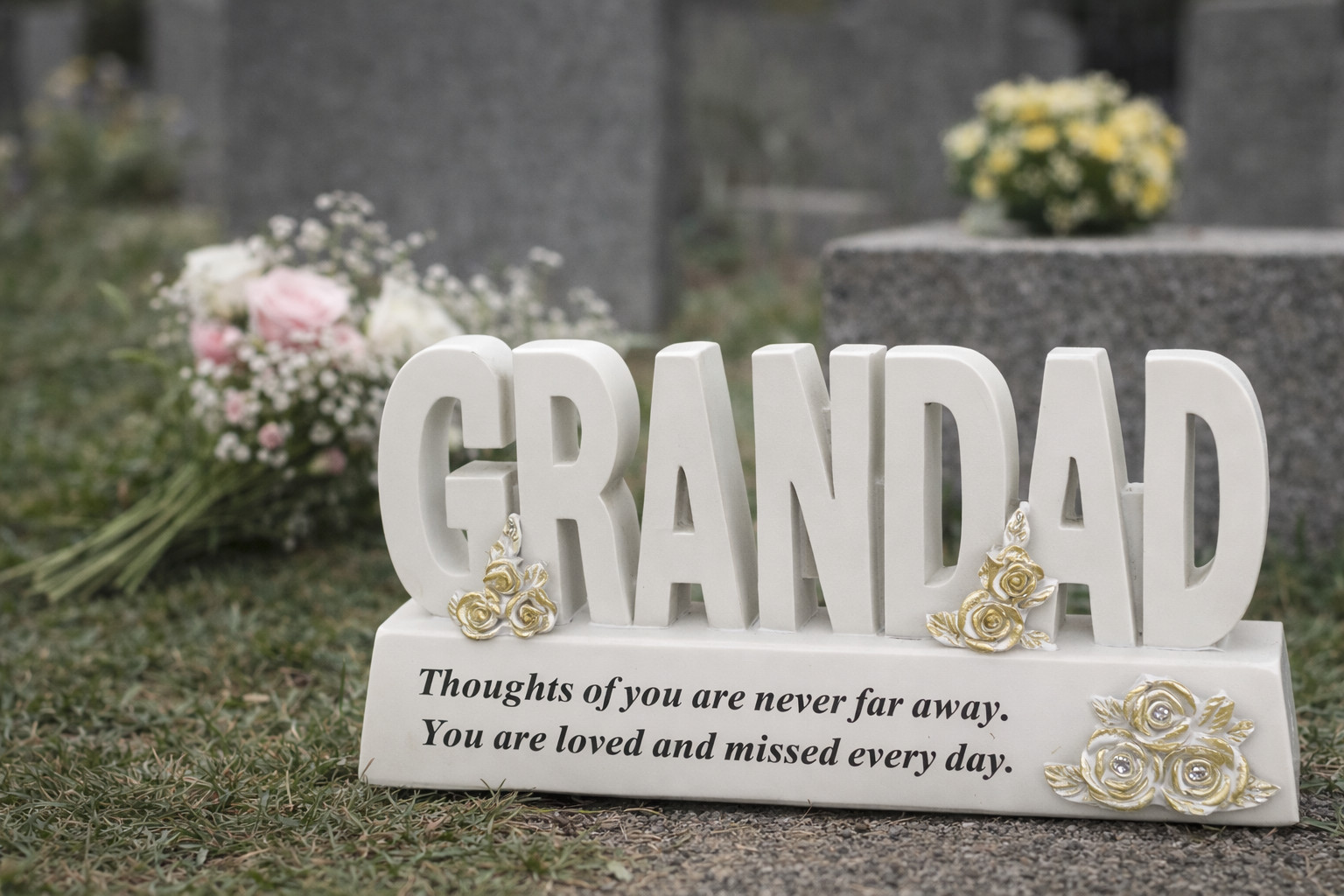 Memorial GRANDAD Letters Plaque with Gold Roses – Graveside Remembrance Ornament