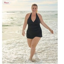 L.L. Bean Black Halter Neck Modest Swimsuit Swim Dress - Size 18W