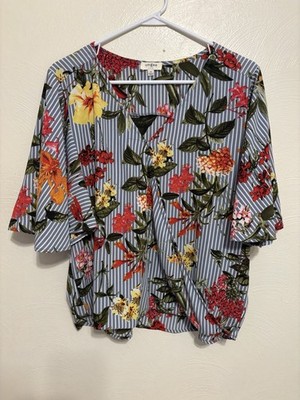 Umgee USA Womens M Floral Stripe Blouse Flutter Sleeve Mixed Print Top