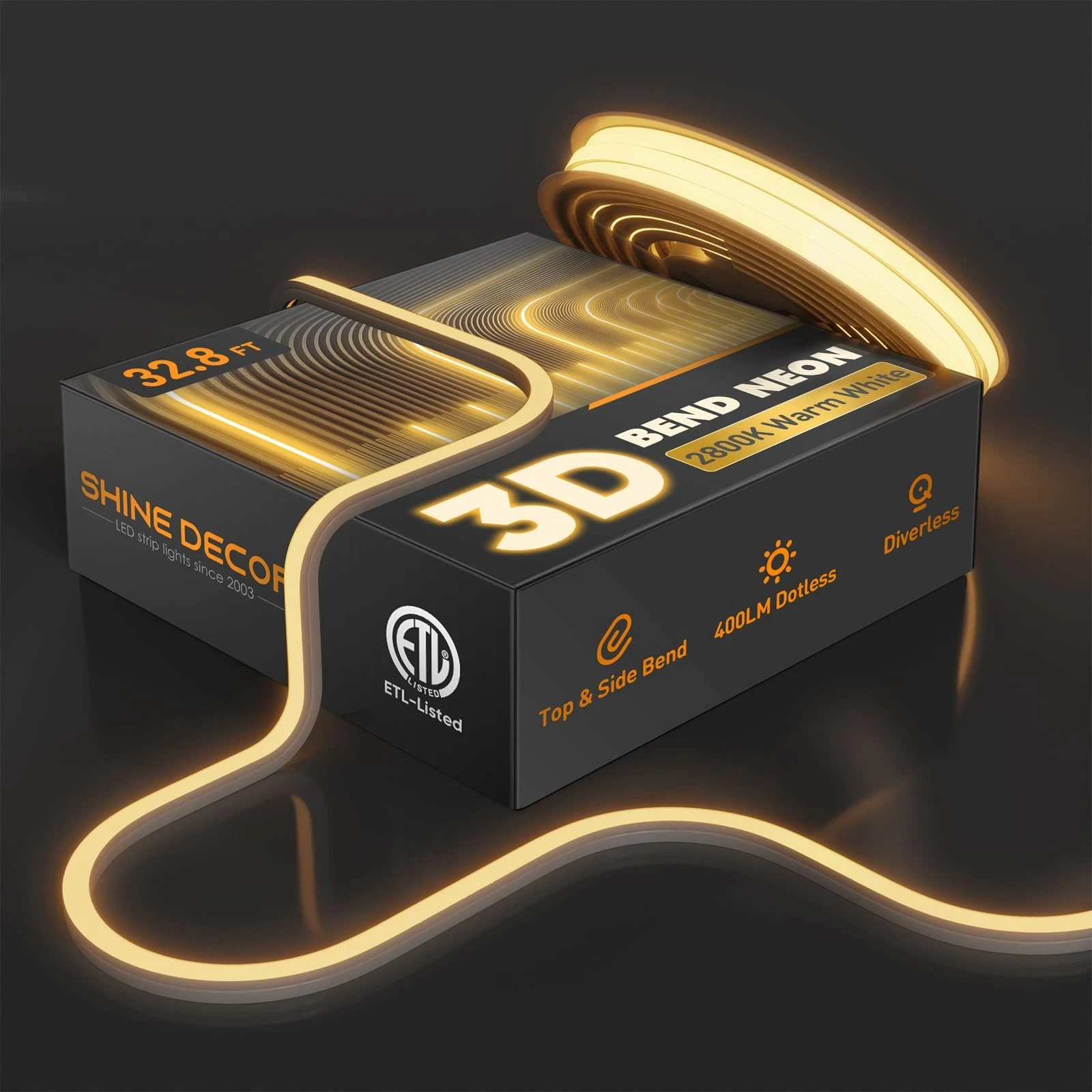 3D LED Neon Rope Lights AC 120V, Top & Side Bend 400LM Dotless, Driverless IP...