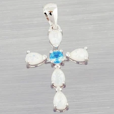 Cross Simulated Blue Topaz Pear White Fire Opal Silver Jewelry Necklace Pendant