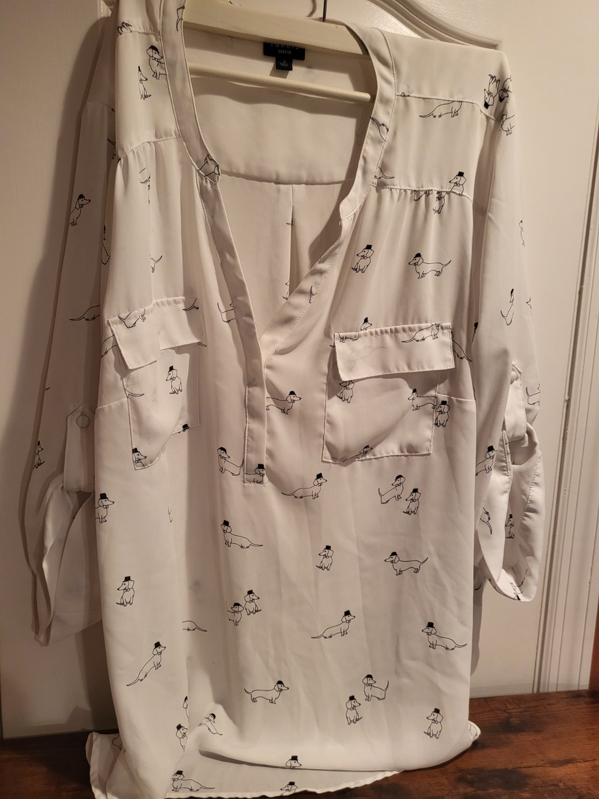 Torrid White Top with Dachshunds Career Casual Plus Size Blouse Tunic Sheer 3X