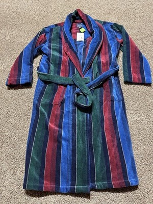Majestic International Mens Blue Retro Striped Plush Fleece Robe Medium NEW TAGS