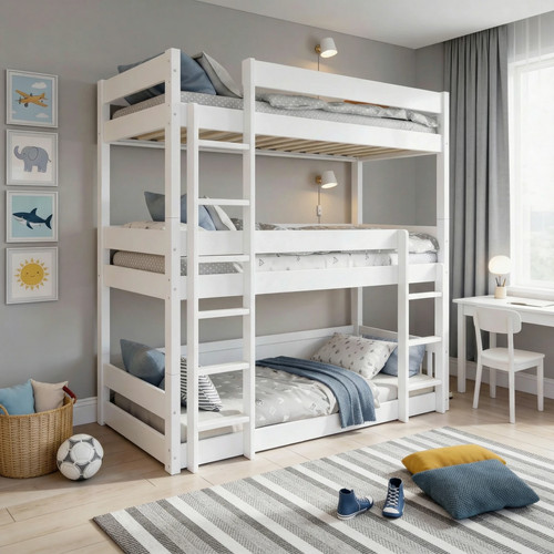 Triple Bunk Beds Kids Children High Sleeper Pine 3FT Single Wooden Bed ...
