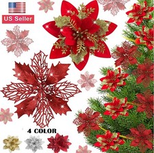 10  Christmas Glitter Poinsettia Flowers 4 Kinds Flowers Xmas Tree Ornament USA