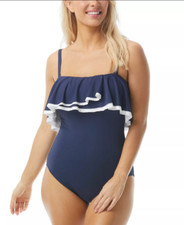 Contours Ruffled Strapless Tummy-Control One-Piece Swimsuit Color Navy 12/36 New
