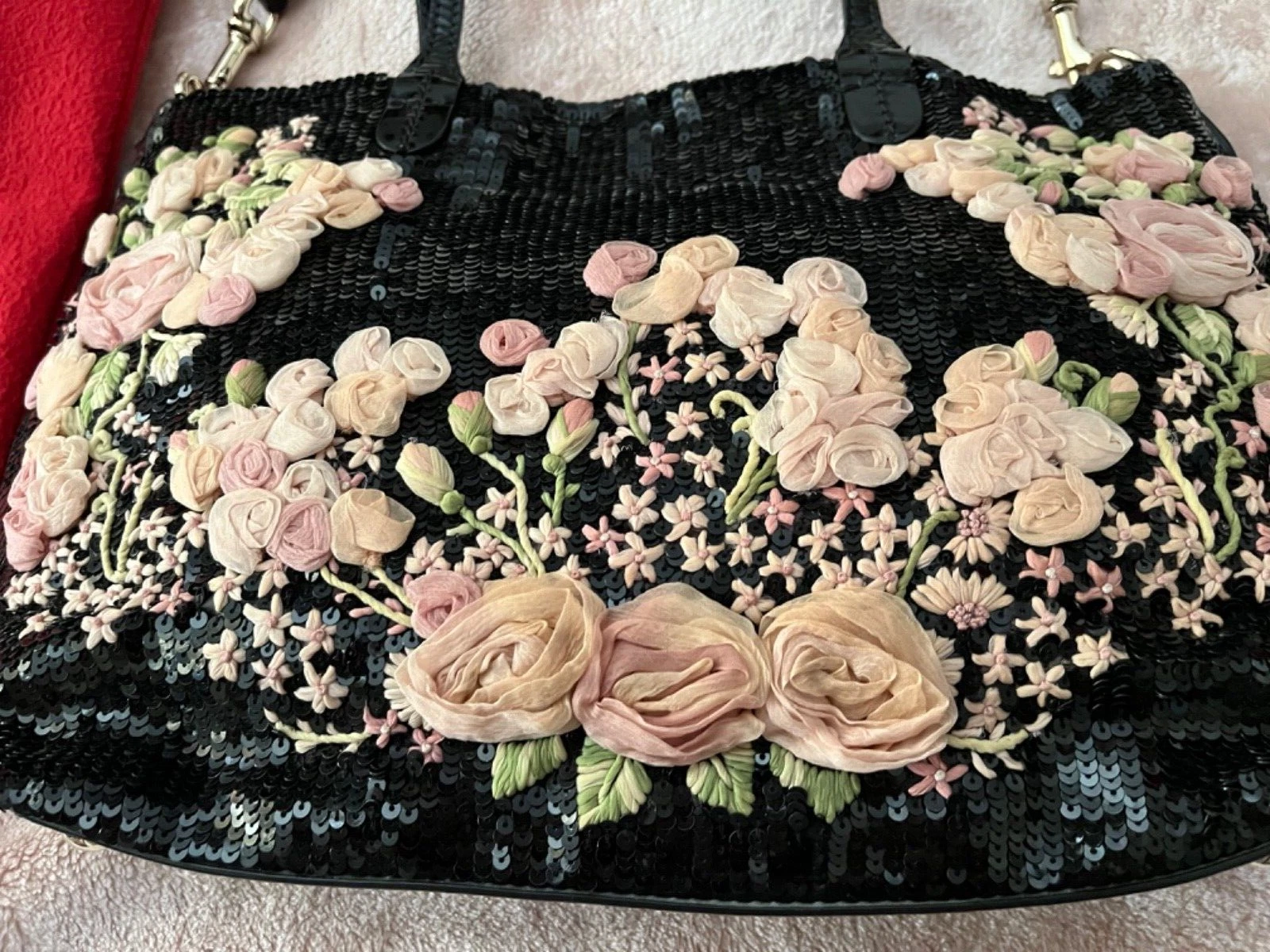Valentino — Valentino Garavani Glamorous black sequins pink chiffon Floral tote purse bag