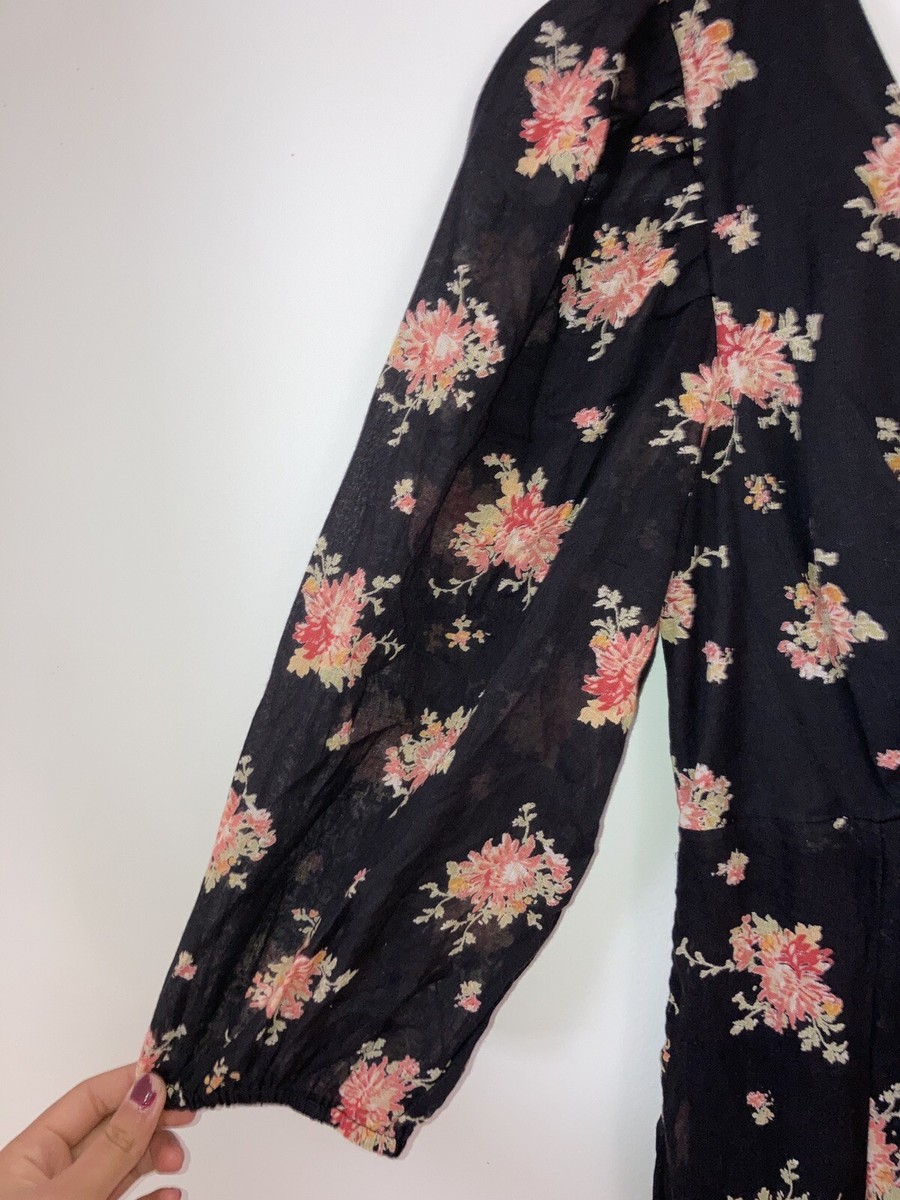 Free People Sea Glass Black Floral Midi Dress Smocked Elastic Back Sz 0 New  | eBay