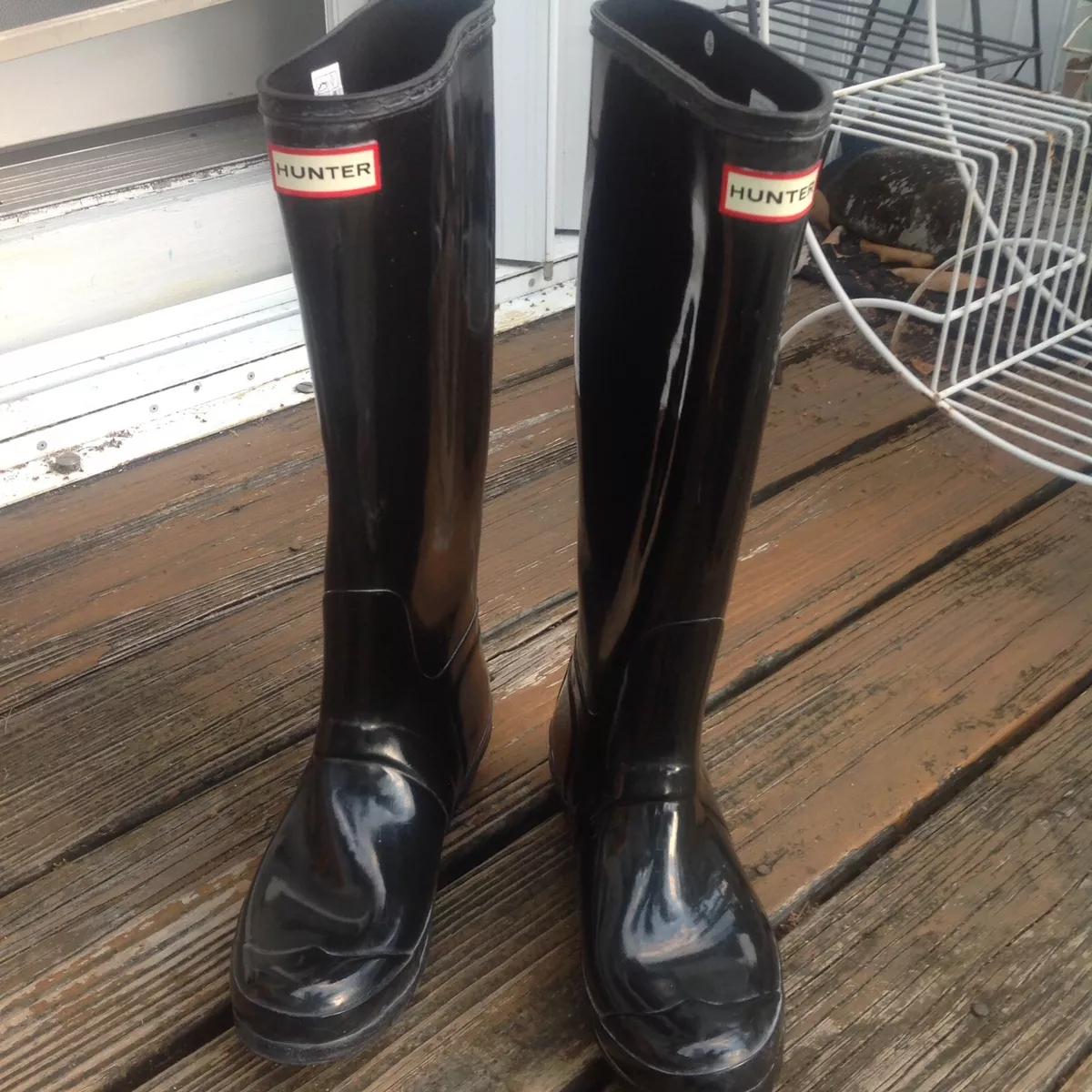 Hunter Black Gloss Wellies Tall Rain Boots Galoshes Womens 9 Mens 8 EU 40 41