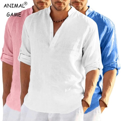 T-shirt a maniche lunghe in lino da uomo nuova tinta unita camicia casual traspi