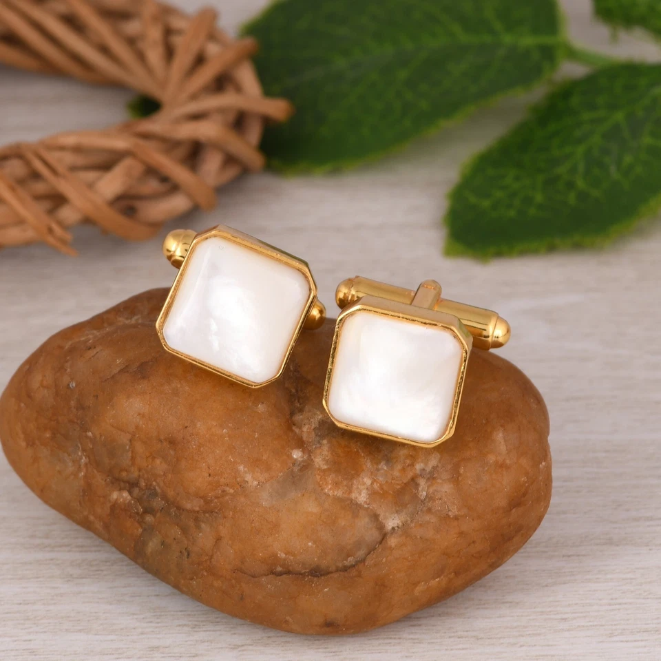 Square Shape Mother Of Pearl Gold Plated 925 Silver Gemstone Cufflinks For Men's - Image 3 of 4
