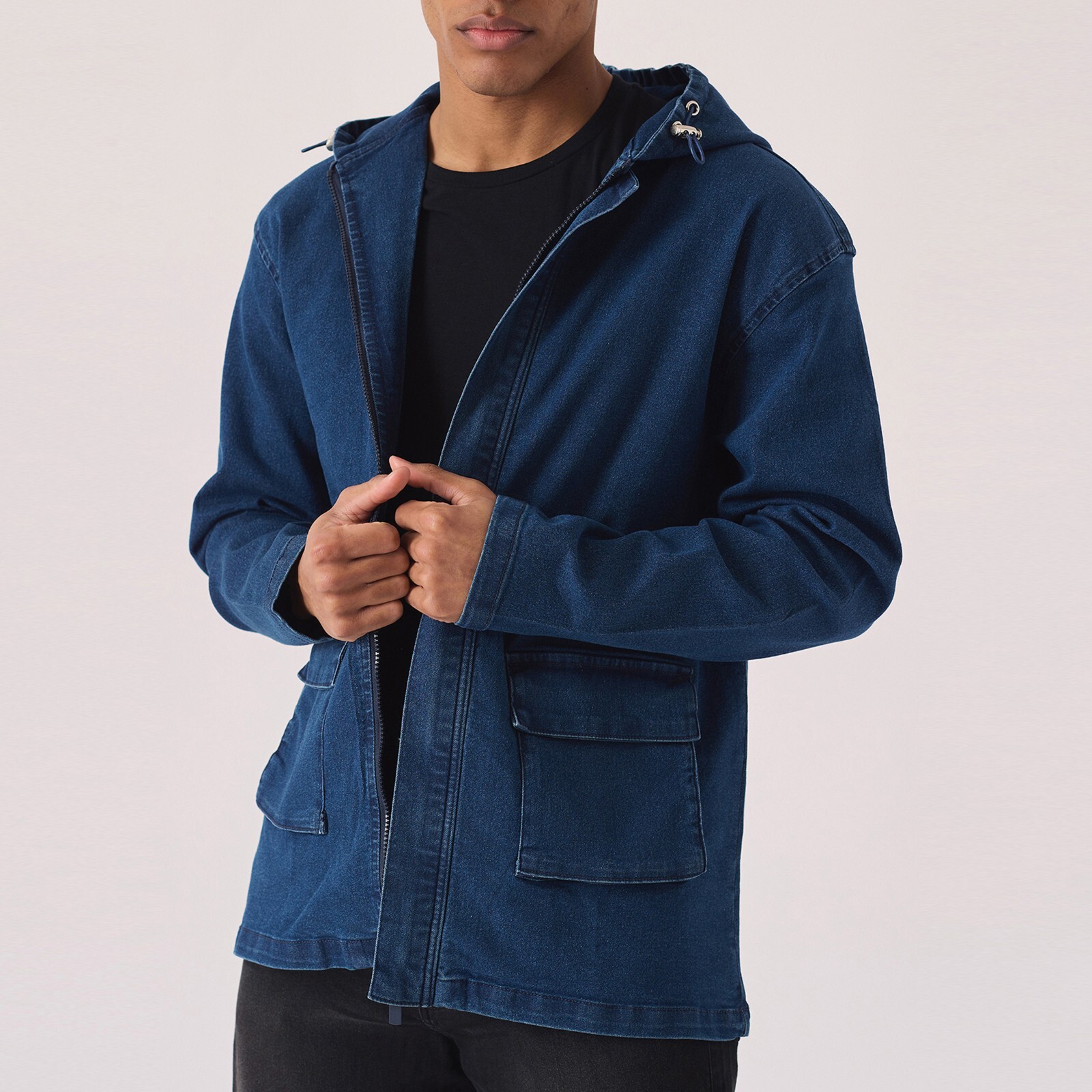 New Mens Hooded Denim Jacket Mid Blue Wash Regular Fit Military Cargo