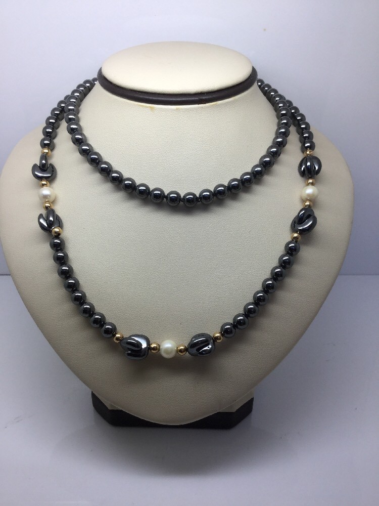 REDUCED!! HEMATITE CULTURED PEARL NECKLACE W/ 14K Y/GOLD BEADS