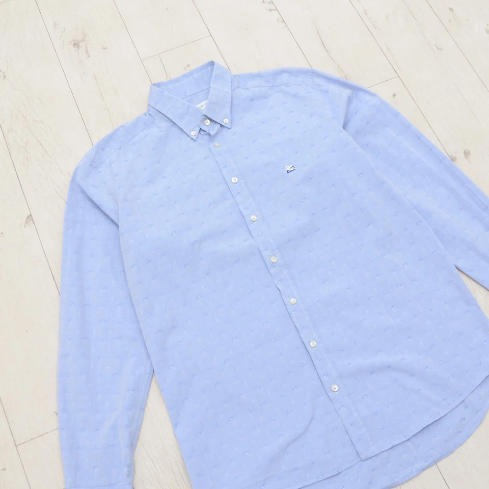 Luxury Etro Men's Paisley Dress Shirt 40 Blue Denim Made in Italy Luxury Casual - Image 2 of 4