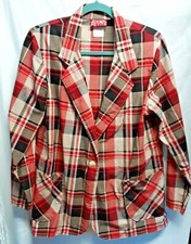 Vintage Jaclyn Smith Petite Women's Blazer Shoulder Pads Plaid Red Black Tan