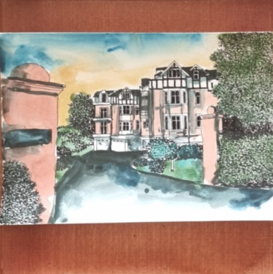 Original Aquarell Gemälde UK - traditionelles britisches Gebäude im Tudorstil