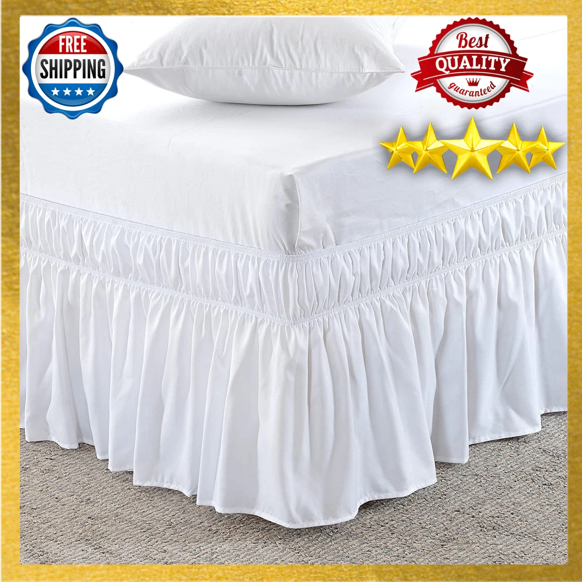 Wrap Around Bed Skirt Three Fabric Sides Elastic Wrap Around Dust