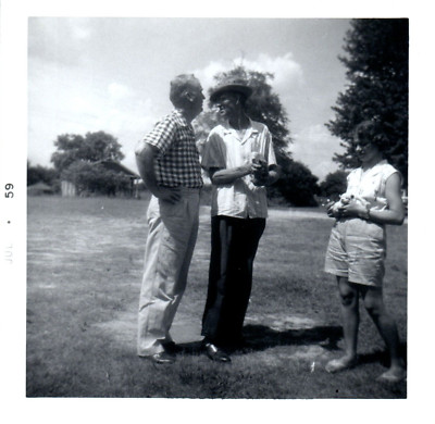 1959 Two Men and Woman Holding Chicks at Farmhouse Vintage Photo