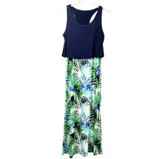 Tropical Maxi Dress Womens Large Blue Green Floral Scoop Neck Sundress Racerback