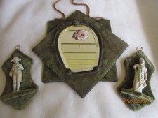 Antique Victorian Green Velvet Wall Mirror with Porcelain Man & Woman Figurines